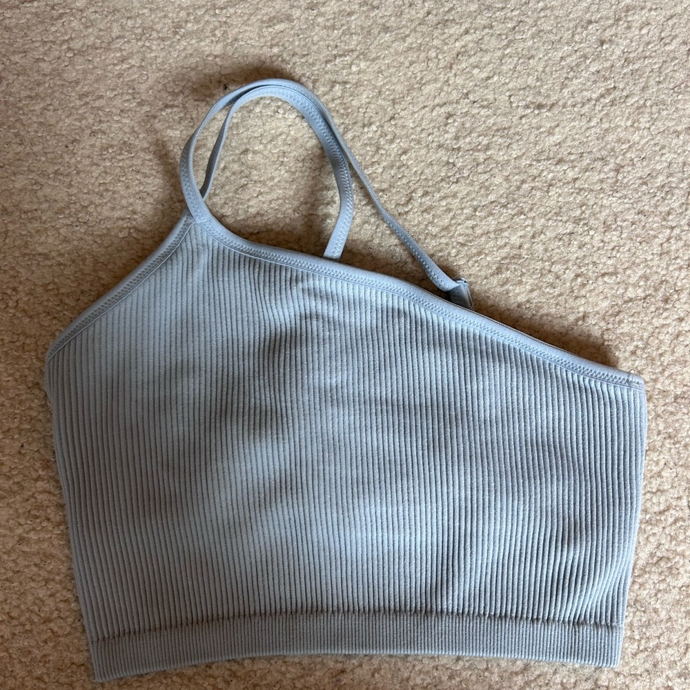 Light Blue Ribbed One-Shoulder Crop Top - Picture 1 of 5